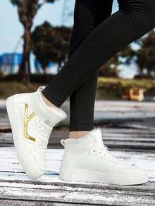 保暖内衬高帮白色运动鞋，女士厚底休闲鞋，冬季保暖运动硫化鞋，加垫雪地靴，2024 年新款时尚女士短靴 - 白色 - 查看 3