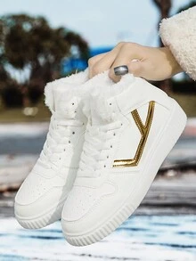 保暖内衬高帮白色运动鞋，女士厚底休闲鞋，冬季保暖运动硫化鞋，加垫雪地靴，2024 年新款时尚女士短靴 - 白色 - 查看 2