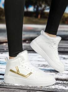 保暖内衬高帮白色运动鞋，女士厚底休闲鞋，冬季保暖运动硫化鞋，加垫雪地靴，2024 年新款时尚女士短靴 - 白色 - 查看 1