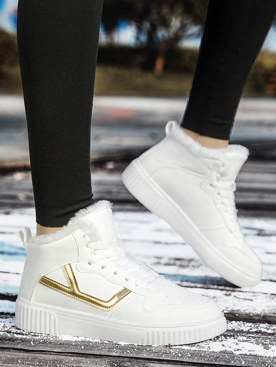 保暖内衬高帮白色运动鞋，女士厚底休闲鞋，冬季保暖运动硫化鞋，加垫雪地靴，2024 年新款时尚女士短靴 - 白色 - 查看 1