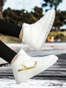 保暖内衬高帮白色运动鞋，女士厚底休闲鞋，冬季保暖运动硫化鞋，加垫雪地靴，2024 年新款时尚女士短靴 - 白色 - 查看 6