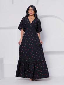 Long Dress Short Sleeve Fitted V-Neck Cherry Print - 黑色 - 查看 2