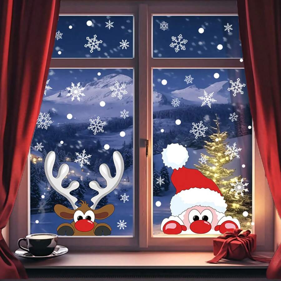 2 Peças Adesivos Natalinos Multicoloridos de PVC Estático para Vidro, Supermercado, Café, Decoração de Porta e Janela, Dupla Face, Novidade 2025
