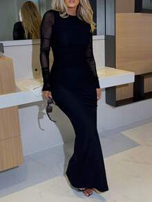 WOWDARK Women Solid Color Mesh Sleeve Dress, Autumn - Black - View 7