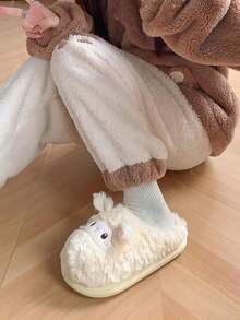 毛绒粉色拖鞋，配可爱绵羊卡通动物耳朵，平底软底女士室内拖鞋，冬季保暖毛绒一脚蹬拖鞋，舒适的家居鞋 - 白色 - 查看 5