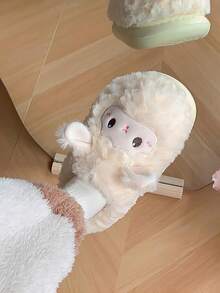 毛绒粉色拖鞋，配可爱绵羊卡通动物耳朵，平底软底女士室内拖鞋，冬季保暖毛绒一脚蹬拖鞋，舒适的家居鞋 - 白色 - 查看 6