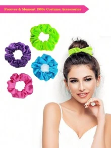 D EXCEED 4 件装霓虹发圈 80 年代、90 年代女士发饰，优质雪纺大号霓虹粗马尾弹力橡皮筋，适合摇滚派对服装 - 多色 - 查看 12