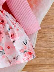 女婴碎花荷叶边长袖连体衣，配发带 - 粉色 - 查看 6