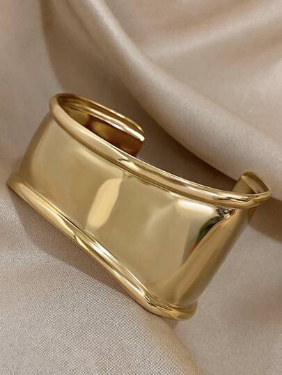 1pc Unique Curved Smooth Bangle Bracelet, Women's Non-Adjustable Wide Bracelet, Stainless Steel Material, Suitable For Daily Wear, Parties, Christmas And Other Occasions, Can Be Used As Jewelry Gift