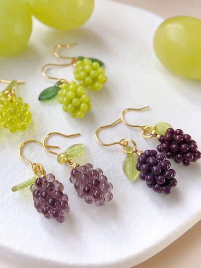 2 Pcs Fresh Summer Cute Resin Green And Purple Grape Fruit Drop Clip Earrings For Women Daily Wear Gift For Her