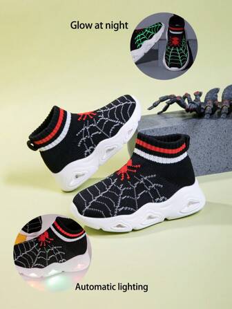 New Luminous Kids Shoes, Spider Pattern, Lightweight, Breathable, Anti-Slip Outdoor Sports Casual Shoes