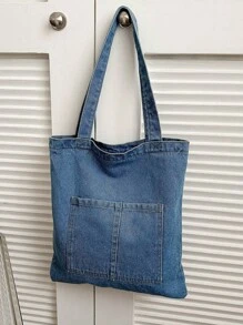 Light Wash Denim Effect Canvas Tote Bag, Multi-Pocket Commuting Handbag, Women's Large Capacity Tote Bag With Inner Pockets, Soft And Washable - Baby Blue - View 2