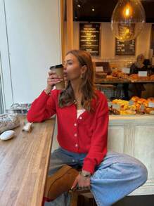 Spring And Autumn Winter New  Women's Round Neck Small Shell Buckle Twisted Long Sleeved, Knitted Cardigan Top Women's Short Loose Comfortable Sweater Jacket Red - 紅色 - 查看 7