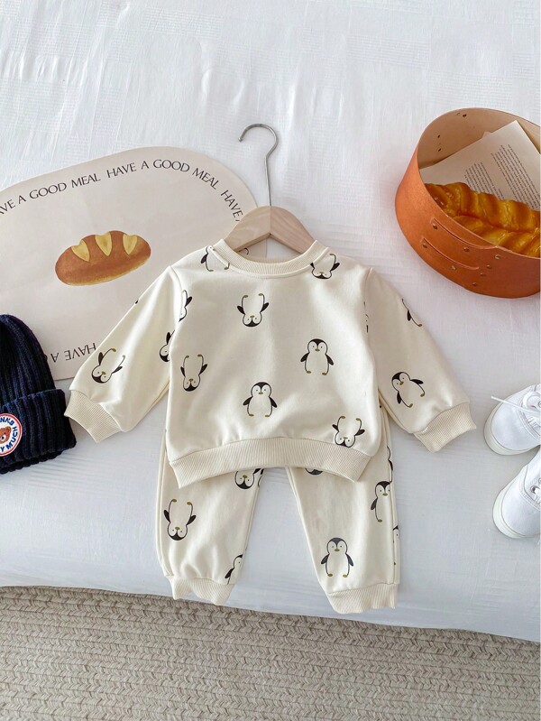 2pcs/Set Baby Boy Casual Cute Penguin Print Long Sleeve Sweatshirt And Pants Set