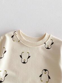2pcs/Set Baby Boy Casual Cute Penguin Print Long Sleeve Sweatshirt And Pants Set - Apricot - View 3