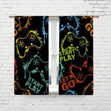 2 pièces Rideaux semi-transparents imprimés de contrôleur de jeu sur fond noir, panneau de polyester avec œillets pour décoration de salle de séjour, salle de jeu, chambre à coucher, fournitures pour fête de cuisine