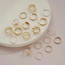 35pcs/86pcs/61pcs/64pcs Simple Metal Geometric Faux Pearl Butterfly, Heart Shaped Necklace, Earring, Ring Jewelry Set For Women, Gift For Vacation, Daily Wear - Yellow Gold - View 8