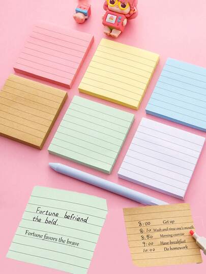 6pcs/Set Student Striped Cartoon Memo Notes Office Sticky Papers, Cute Striped Lines Tear Off Reusable Adhesive Notes Back To School