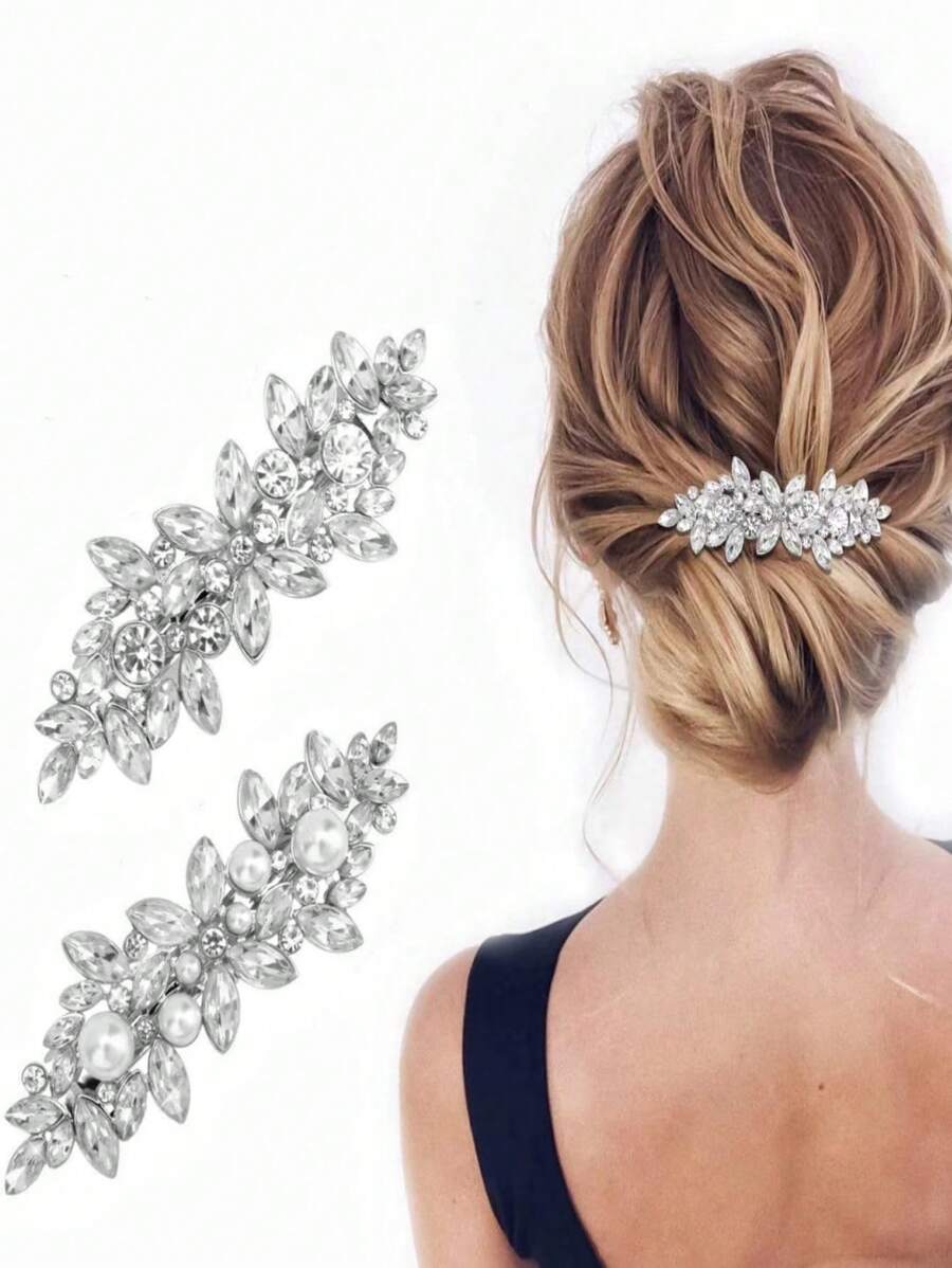 2/4/6/8/10 Peças Presilhas de Cabelo com Strass, Grampos de Cabelo com Cristal e Pérola Cintilante, Acessórios de Cabelo Elegantes para Casamento, Baile, Dia dos Namorados, Dança, para Cabelos Grossos e Longos, Noivas, Mulheres e Meninas, Tiaras - A - Visão 1
