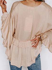 Boho Retro Vintage  90's Khaki Beige Apricot Ruffle V Neck Half Sleeve Loose Top Shirt Blouse - Apricot - View 5