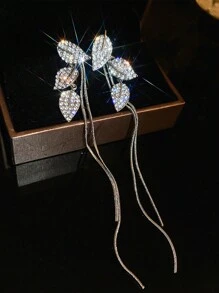 1 件银色优雅水晶装饰叶子设计长流苏吊坠耳环，时尚百搭新娘/婚礼/派对珠宝礼物，适合女性万圣节 - 銀色 - 查看 3