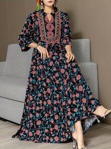 女士波西米亚风花卉印花刺绣阿拉伯连衣裙，艺术复古度假正装，优雅春季黑色 - 黑色 - 查看 4