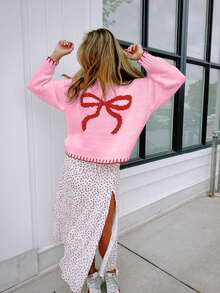 2025 女装春季时尚休闲可爱蝴蝶结提花长袖套头衫 - 粉紅色 - 查看 2