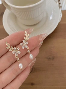 1 对金色/银色水钻麦穗花耳环，仿珍珠耳环，水钻镶嵌麦穗耳环，婚礼新娘珠宝流苏耳环，适合婚礼节日生日派对约会珠宝礼物情人节 - 金色 - 查看 9