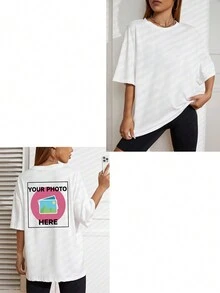 Customized Pattern Women Loose Casual T-Shirt, Personalized Photo Printing, Upload Your Selfie/Group Photo/Friends, Designed For Birthday/Holiday/Anniversary, Women White Tee, Spring/Summer Loose Short Sleeve Top, Holiday Gift, Spring/Summer Clothing, Special Gift, Creative Gift, Couple/Best Friend Matching - White - View 3