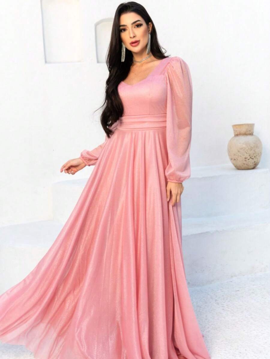 Dress Colors Shiny Long Puff Sleeve Long Fashion Prom Party Elegant Women - 乾枯玫瑰色 - 查看 1