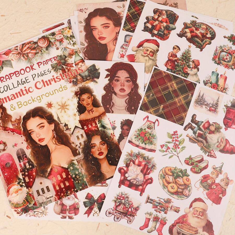 JAI IMAN 16 hojas (202 patrones) No autoadhesivas, no repetitivas, tamaño A4 grande Papel decorativo de corte DIY para Navidad, perfecto para suministros de scrapbooking, kits de diario chatarra, manualidades, tarjetas de felicitación, decoración navideña - Rojo - Ver 1