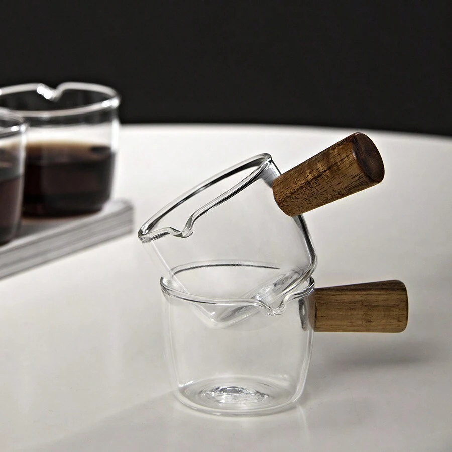 High Borosilicate Glass Mini Wooden Handle Milk Frothing Pitcher, Espresso Coffee Cup, Small Sauce Dish, Restaurant Milk Creamer Back To School - 60ml - View 1