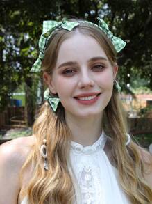 1pc Green Plaid Bow Headband, Elegant Women Hair Accessories, Bridal Wedding Headpiece