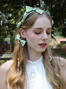 1pc Green Plaid Bow Headband, Elegant Women Hair Accessories, Bridal Wedding Headpiece