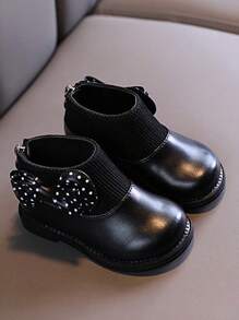 1 Đôi bốt trơn màu có trang trí nơ cho bé gái, đế chống trượt và chống mài mòn, thời trang và ấm áp - màu đen - Xem 6