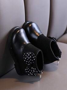 1 Đôi bốt trơn màu có trang trí nơ cho bé gái, đế chống trượt và chống mài mòn, thời trang và ấm áp - màu đen - Xem 5