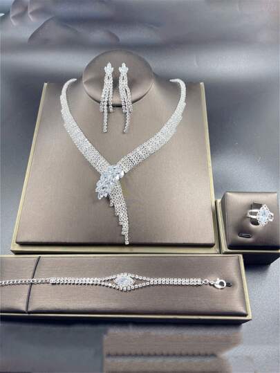 4pcs Luxury Sparkling Crystal Jewelry Set, Wedding Bridal Necklace Earrings Ring Bracelet Accessories For Women