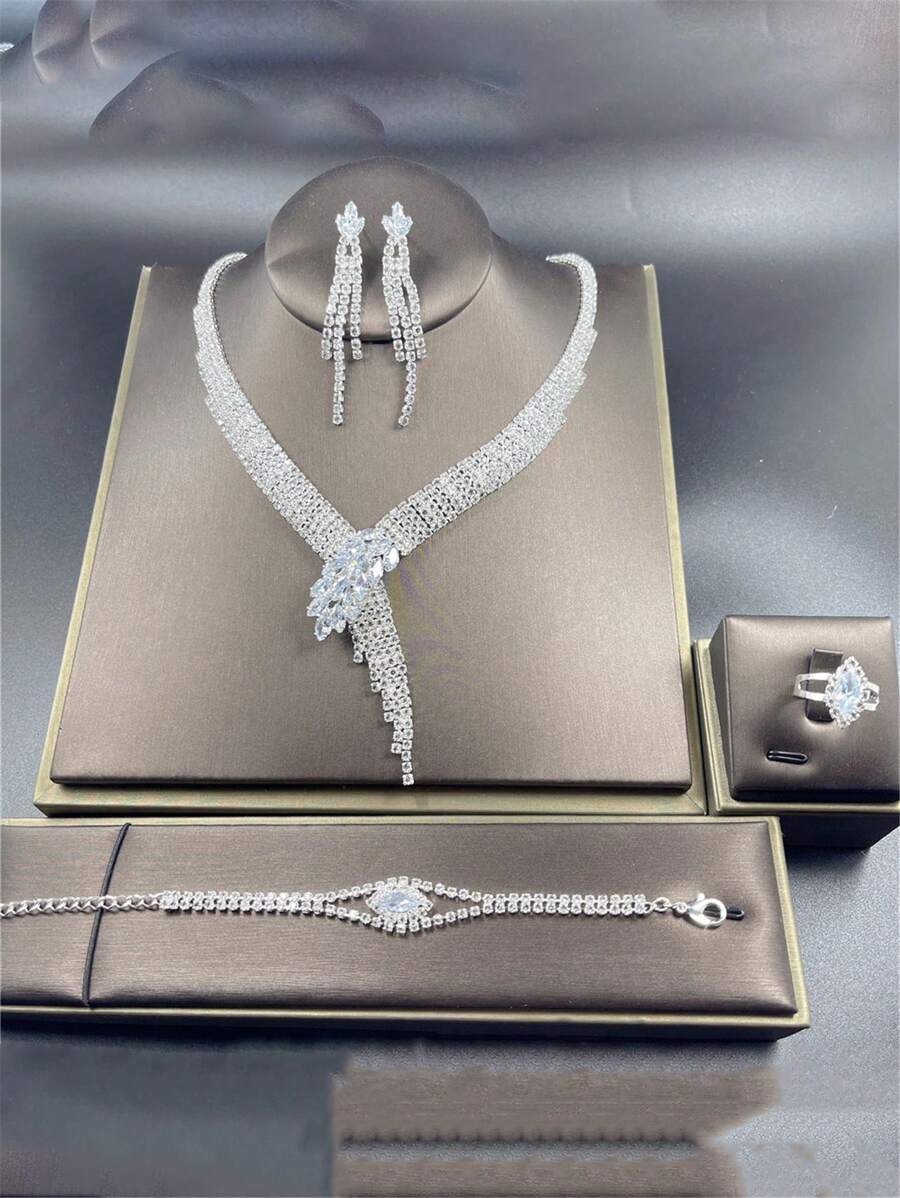 4pcs Luxury Sparkling Crystal Jewelry Set, Wedding Bridal Necklace Earrings Ring Bracelet Accessories For Women