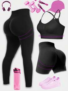 3 pièces/set Ensemble de vêtements de sport pour femmes comprenant un soutien-gorge de sport, un top camisole et un short de yoga - Noir - Voir 1