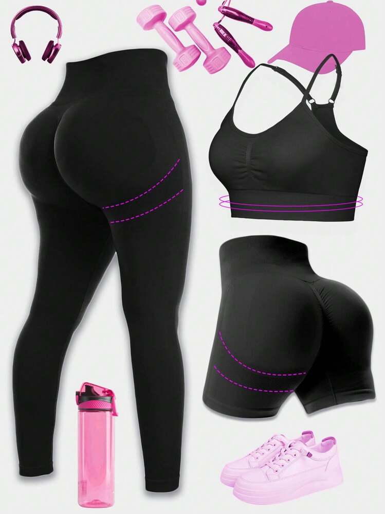 3pcs/Set Women Sports Bra Camisole & Yoga Shorts Activewear Set - Black - View 1