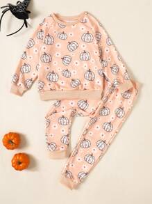 2 piezas/set informal de sudadera para niña joven, primavera/otoño - Naranja - Ver 1