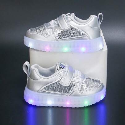 1 Pair Unisex Baby/Toddler Shoes, 1 Pair With Light-Up Design, 1 Pair For Baby Girls, 1 Pair Of Silver Glitter Shoes, 1 Pair Everyday Wear, 1 Pair Casual Sneakers, 1 Pair Fashionable Multicolor Shoes, Insole Length 13-18.3CM, Versatile & Suitable For All Seasons