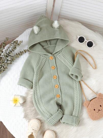 1 件新生儿纯色连帽针织连体衣，柔软舒适的连体衣，适合男婴冬季服装