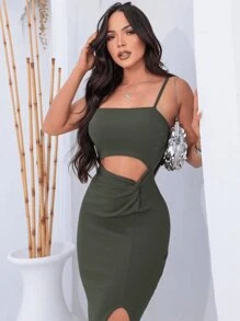 ELEGANT MIDI STRAP DRESS WITH FRONT SLIT - xanh quân đội - Xem 2