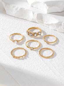 6pcs Diamond Set Pearl Row Diamond Twist Ring For Women's Daily Wear