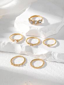 6pcs Diamond Set Pearl Row Diamond Twist Ring For Women's Daily Wear