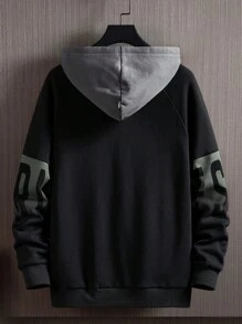 Men Letter Graphic Raglan Sleeve Drawstring Hoodie - Black - View 2