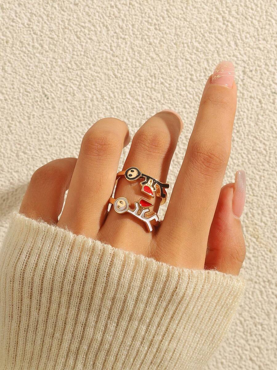 2 piezas Juego de joyas para mujer: Personaje de dibujos animados y anillos con forma de corazón de metal dorado, adecuado para parejas, mejores amigas, madre-hija, amor, anillos con cara sonriente bonita, regalo para amiga, cumpleaños de mamá, recuerdo de amistad - Conjunto de anillos con figuras de amor - Ver 1
