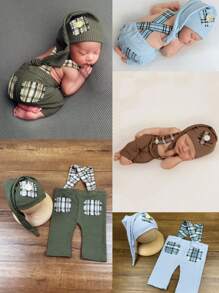 2 szt./zestaw rekwizytów do fotografii noworodkowej, strój na pamiątkę wzrostu dziecka, w tym czapka + spodnie na szelkach, kostium do sesji zdjęciowej dla niemowląt, dekoracje rodzinne na baby shower, prezenty na baby shower, prezenty wielkanocne dla dziewczynek/chłopców