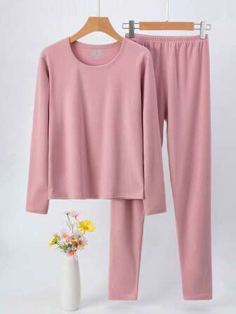 2 件青少年女孩秋季保暖内衣套装，纯色长袖上衣和裤子睡衣家居服
